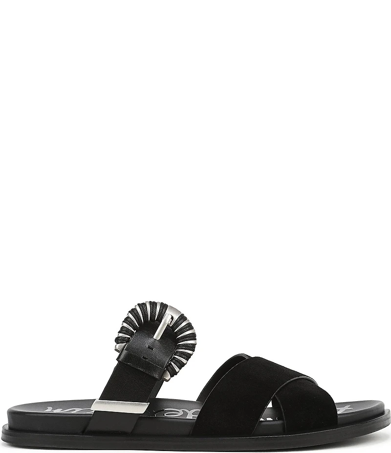 Sam Edelman Lucy Suede and Leather Criss Cross Buckle Hardware Slide Sandals
