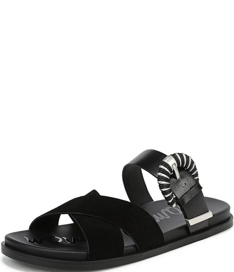 Sam Edelman Lucy Suede and Leather Criss Cross Buckle Hardware Slide Sandals