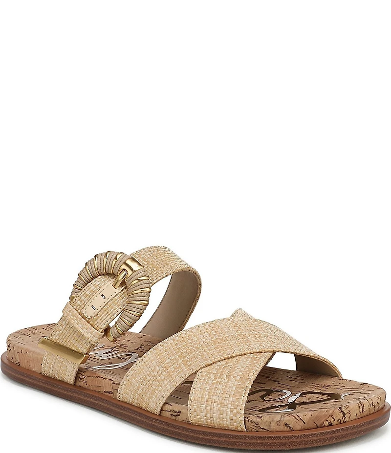 Sam Edelman Lucy Woven Raffia Criss Cross Buckle Hardware Slide Sandals