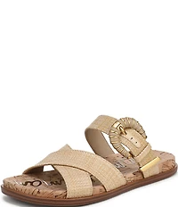 Sam Edelman Lucy Woven Raffia Criss Cross Buckle Hardware Slide Sandals