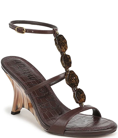 Sam Edelman Massey Leather Stone Embellished Ankle Strap Wedge Dress Sandals