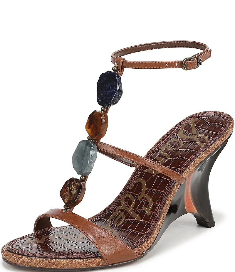Sam Edelman Massey Leather Stone Embellished Ankle Strap Wedge Dress Sandals
