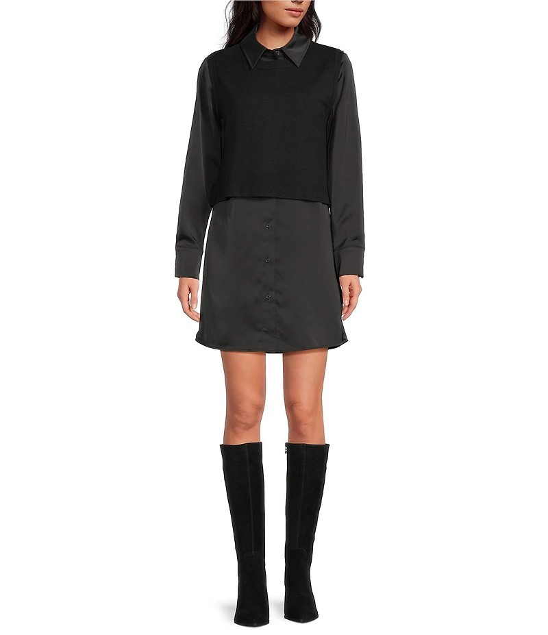 Sam Edelman Mix Media Long Sleeve Sweater Mini Shirt Dress