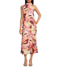 Sam Edelman Mock Neck Sleeveless Abstract Floral Printed Chiffon Sheath Midi Dress