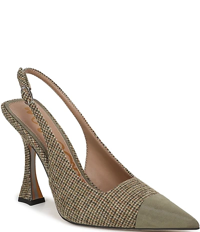 Sam Edelman Odette Plaid Fabric Slingback Flared Heel Pointed Cap Toe Pumps