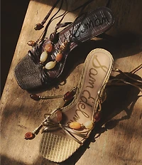 Sam Edelman Paloma Stone Embellished Metallic Leather Ankle Wrap Raffia Dress Sandals