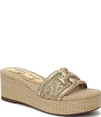 Sam Edelman Pauleena Metallic Woven Raffia Double E Logo Platform Wedge Slide Sandals
