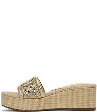 Sam Edelman Pauleena Metallic Woven Raffia Double E Logo Platform Wedge Slide Sandals