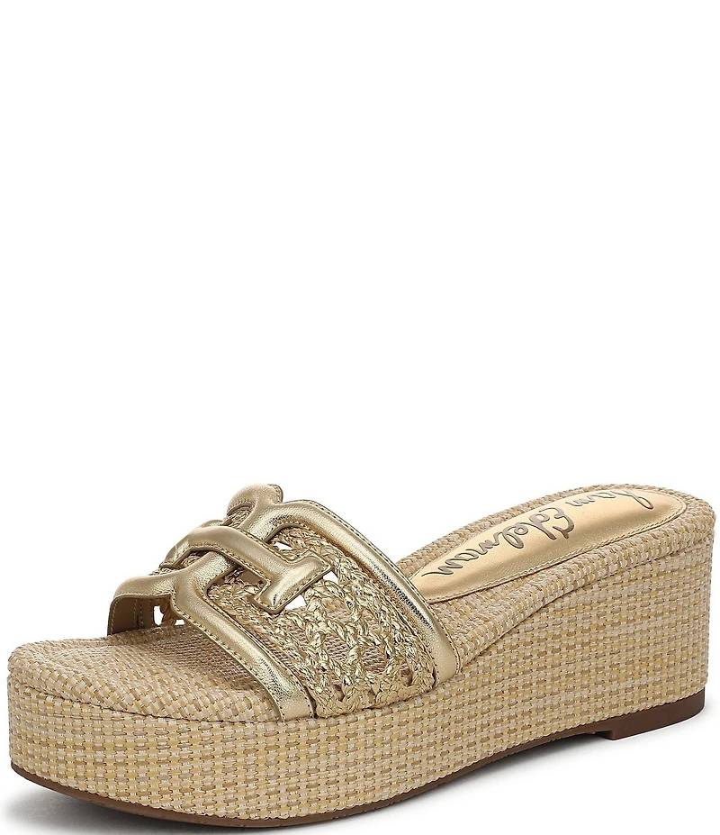 Sam Edelman Pauleena Metallic Woven Raffia Double E Logo Platform Wedge Slide Sandals