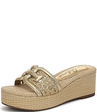 Sam Edelman Pauleena Metallic Woven Raffia Double E Logo Platform Wedge Slide Sandals