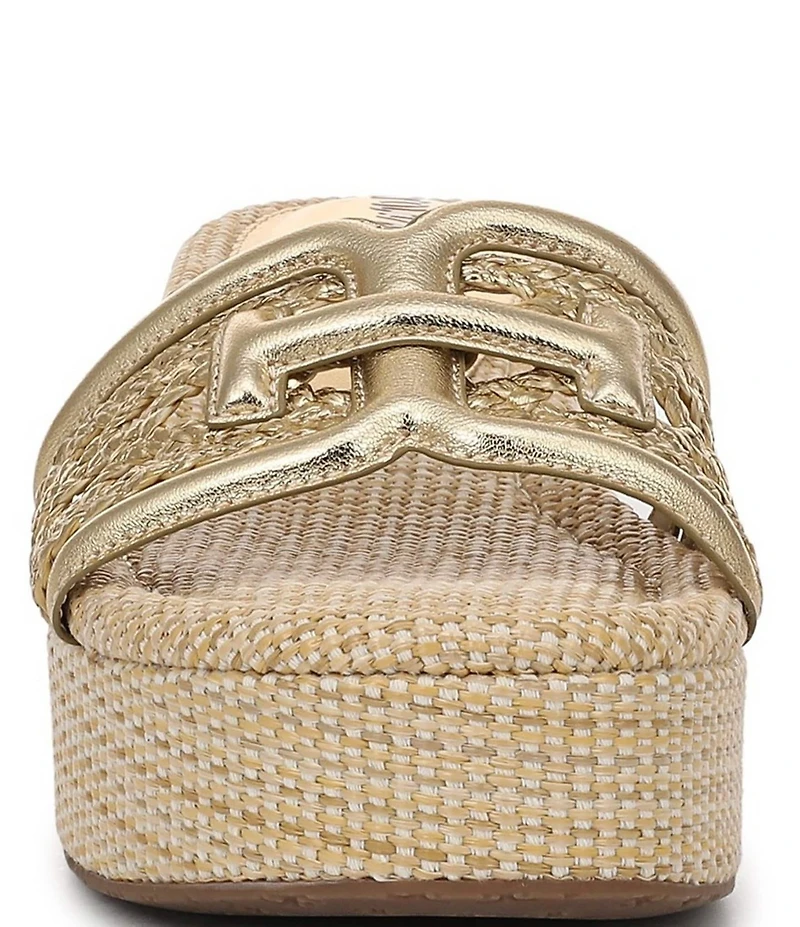 Sam Edelman Pauleena Metallic Woven Raffia Double E Logo Platform Wedge Slide Sandals