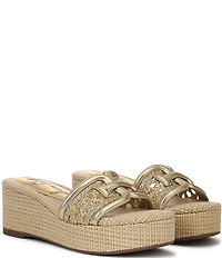 Sam Edelman Pauleena Metallic Woven Raffia Double E Logo Platform Wedge Slide Sandals