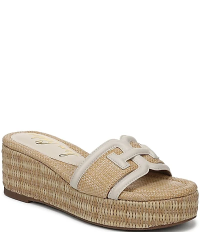 Sam Edelman Pauleena Raffia Double E Logo Platform Wedge Slide Sandals