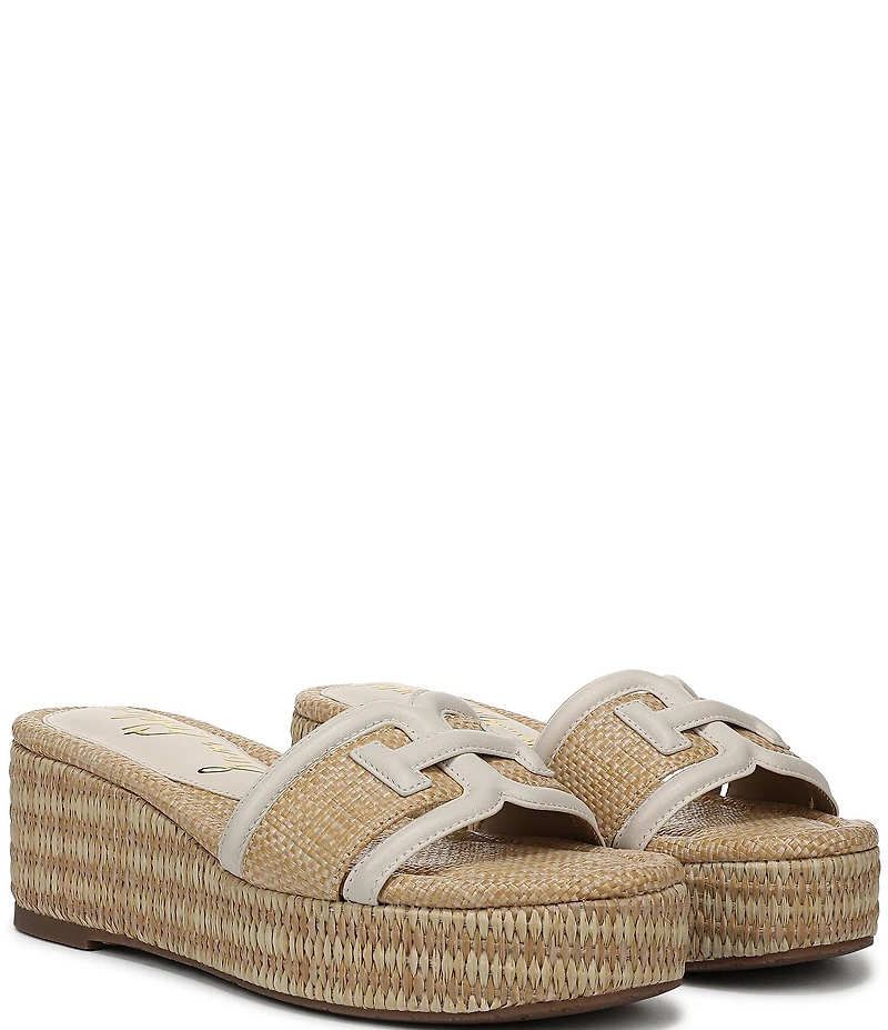 Sam Edelman Pauleena Raffia Double E Logo Platform Wedge Slide Sandals