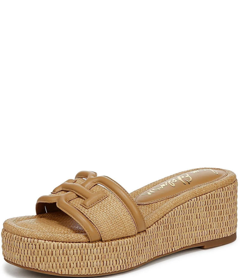 Sam Edelman Pauleena Raffia Double E Logo Platform Wedge Slide Sandals