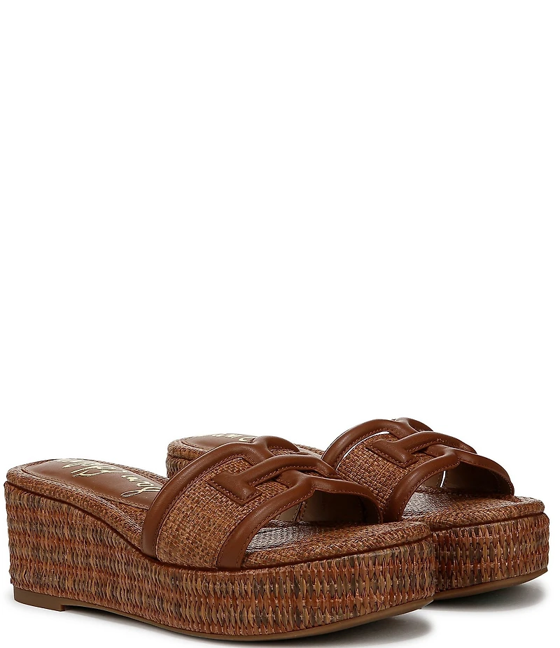 Sam Edelman Pauleena Raffia Double E Logo Platform Wedge Slide Sandals