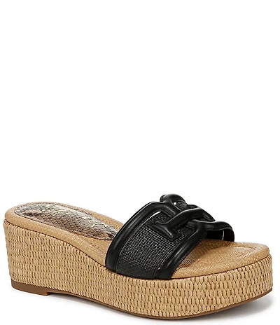 Sam Edelman Pauleena Raffia Double E Logo Platform Wedge Slide Sandals