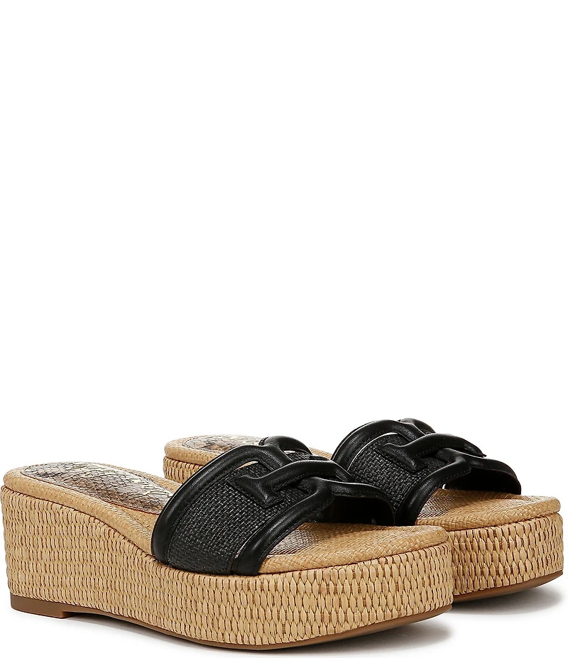 Sam Edelman Pauleena Raffia Double E Logo Platform Wedge Slide Sandals