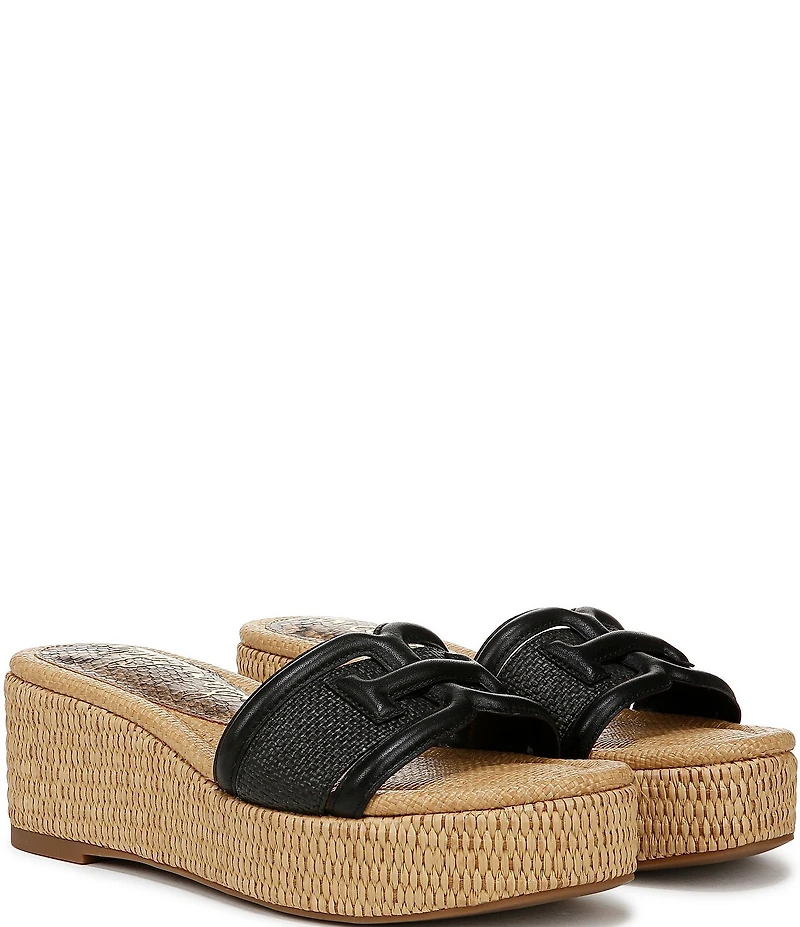 Sam Edelman Pauleena Raffia Double E Logo Platform Wedge Slide Sandals