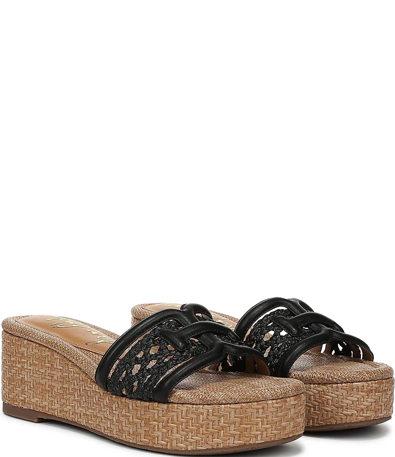 Sam Edelman Pauleena Woven Raffia Double E Logo Platform Wedge Slide Sandals