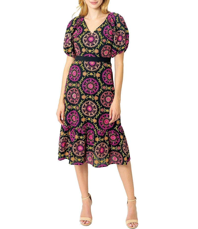 Sam Edelman Regalia Eyelet Placement Print V-Neck Short Puff Sleeve A-Line Midi Dress