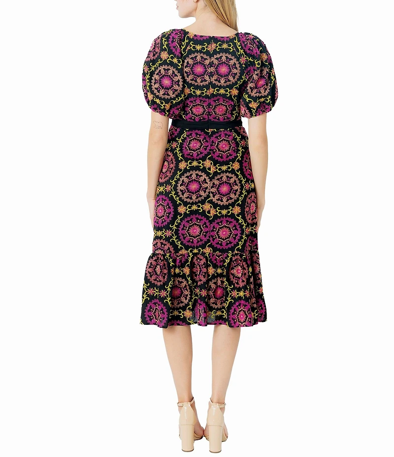 Sam Edelman Regalia Eyelet Placement Print V-Neck Short Puff Sleeve A-Line Midi Dress