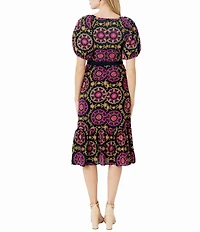 Sam Edelman Regalia Eyelet Placement Print V-Neck Short Puff Sleeve A-Line Midi Dress