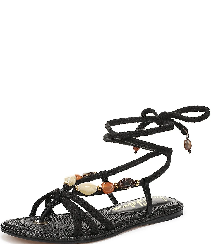 Sam Edelman Rori Leather Beaded Ankle Wrap Flat Sandals