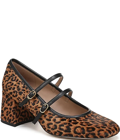 Sam Edelman Sarah Leopard Print Calf Hair Square Toe Mary Jane Dress Pumps