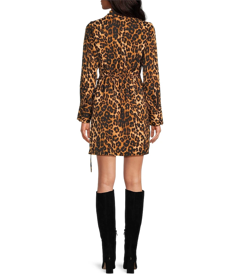 Sam Edelman Satin Collar Neckline Long Sleeve Leopard Mini Shirt Dress