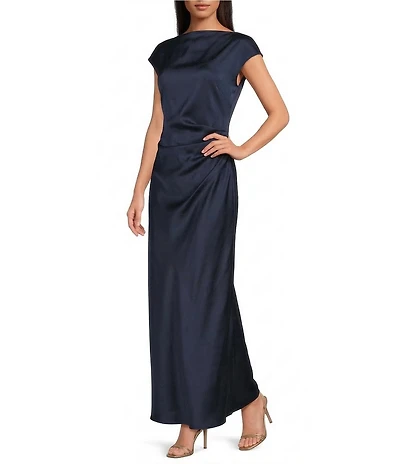Sam Edelman Satin Crew Neck Cap Sleeve Ruched Sheath Maxi Dress