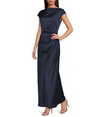 Sam Edelman Satin Crew Neck Cap Sleeve Ruched Sheath Maxi Dress