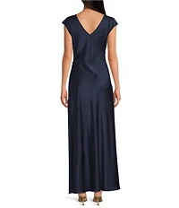 Sam Edelman Satin Crew Neck Cap Sleeve Ruched Sheath Maxi Dress