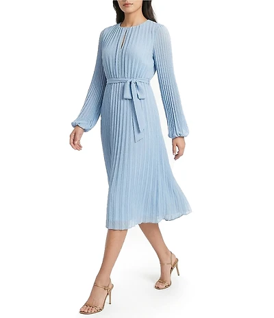 Sam Edelman Satin Crew Neck Long Sleeve A-Line Midi Dress