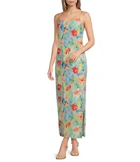 Sam Edelman Satin Floral Print Square Neck Sleeveless Sheath Slip Midi Dress