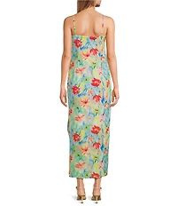 Sam Edelman Satin Floral Print Square Neck Sleeveless Sheath Slip Midi Dress