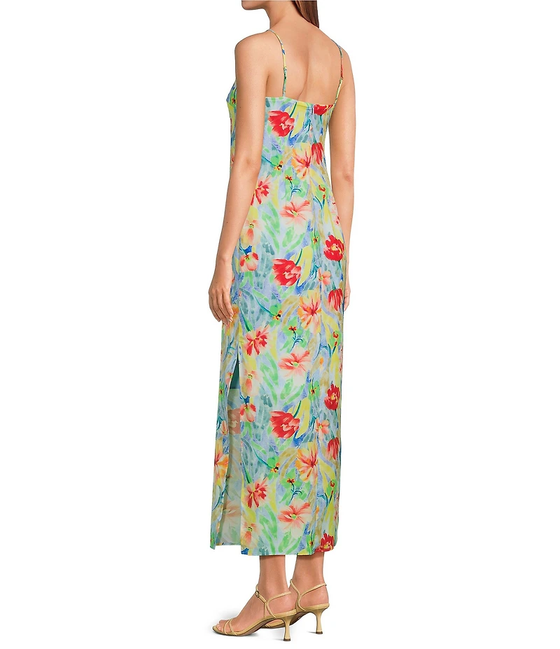 Sam Edelman Satin Floral Print Square Neck Sleeveless Sheath Slip Midi Dress