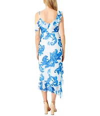 Sam Edelman Swirl Print V Neck Sleeveless Ruffle Asymmetrical Hem Slip Midi Dress