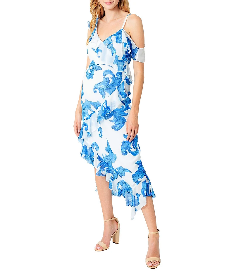 Sam Edelman Swirl Print V Neck Sleeveless Ruffle Asymmetrical Hem Slip Midi Dress
