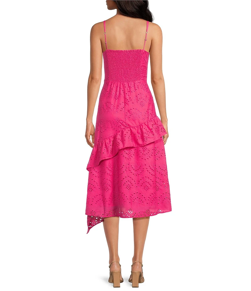 Sam Edelman V-Neck Sleeveless Asymmetrical Tiered Ruffle Eyelet Midi Dress