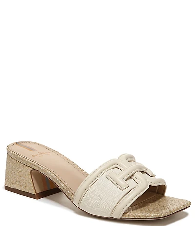 Sam Edelman Waylon Pebbled Leather and Raffia Double E Logo Slide Sandals