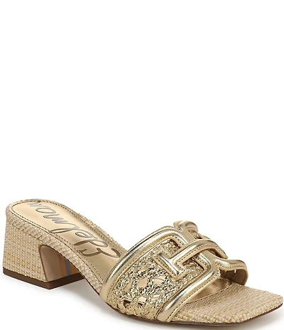 Sam Edelman Waylon Metallic Woven Raffia and Leather Double E Logo Slide Sandals