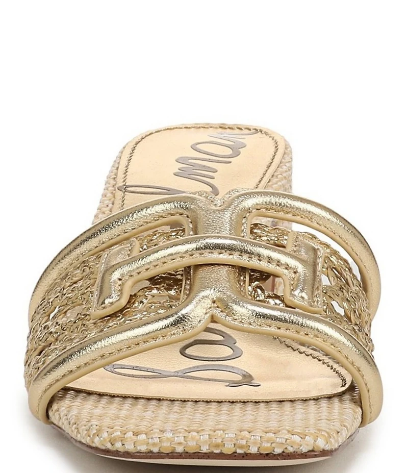 Sam Edelman Waylon Metallic Woven Raffia and Leather Double E Logo Slide Sandals