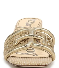 Sam Edelman Waylon Metallic Woven Raffia and Leather Double E Logo Slide Sandals