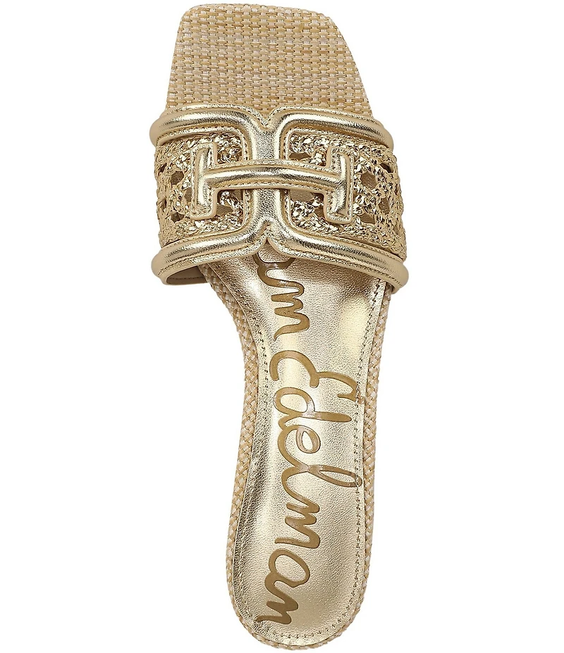 Sam Edelman Waylon Metallic Woven Raffia and Leather Double E Logo Slide Sandals