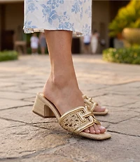 Sam Edelman Waylon Metallic Woven Raffia and Leather Double E Logo Slide Sandals