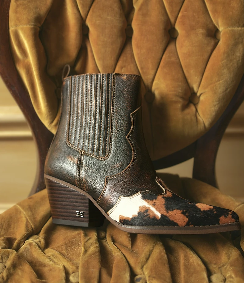 Sam Edelman West Leather and Cow Print Calf Hair Western Inspired Booties