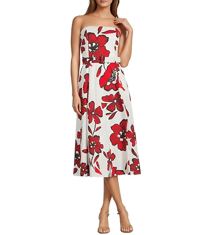 Sam Edelman Woven Floral Print Strapless Belted A-Line Maxi Dress