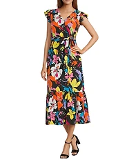 Sam Edelman Woven Flutter Sleeve V-Neckline Tie Sash Floral Maxi Shirt Dress