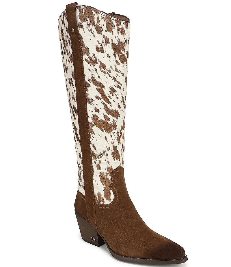 Sam Edelman Wyatt Cow Print Calf Hair and Suede Point Toe Tall Western Boots